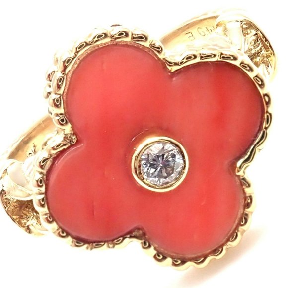 Rare! Authentic Van Cleef & Arpels Alhambra 18k Yellow Gold Coral Diamond Ring - Picture 1 of 10